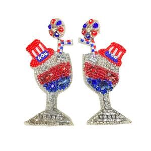 PATRIOTIC RED WHITE & BLUE USA DANGLE EARRINGS TOP HAT WINE GLASS SPARKLE FUN‎